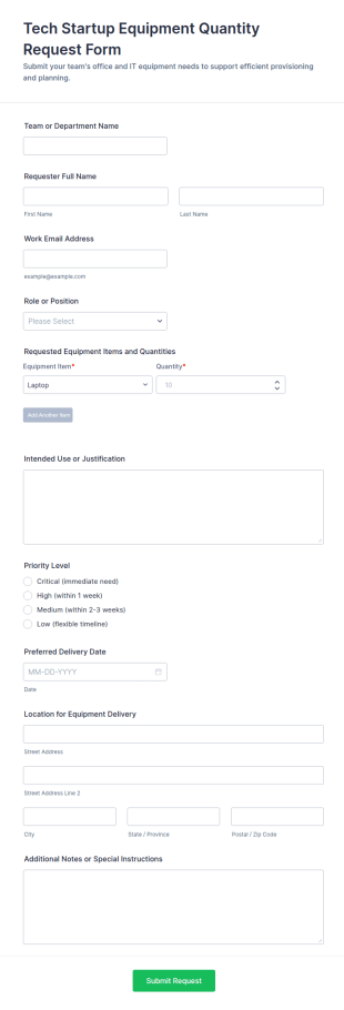 Tech Startup Equipment Quantity Request Form Template