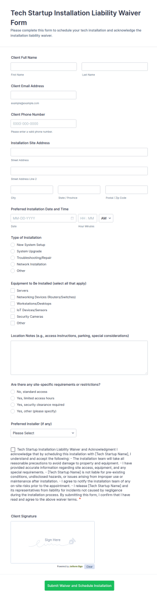 Tech Startup Installation Liability Waiver Form Template