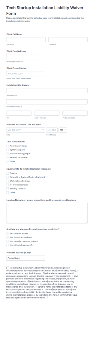 Tech Startup Installation Liability Waiver Form Template