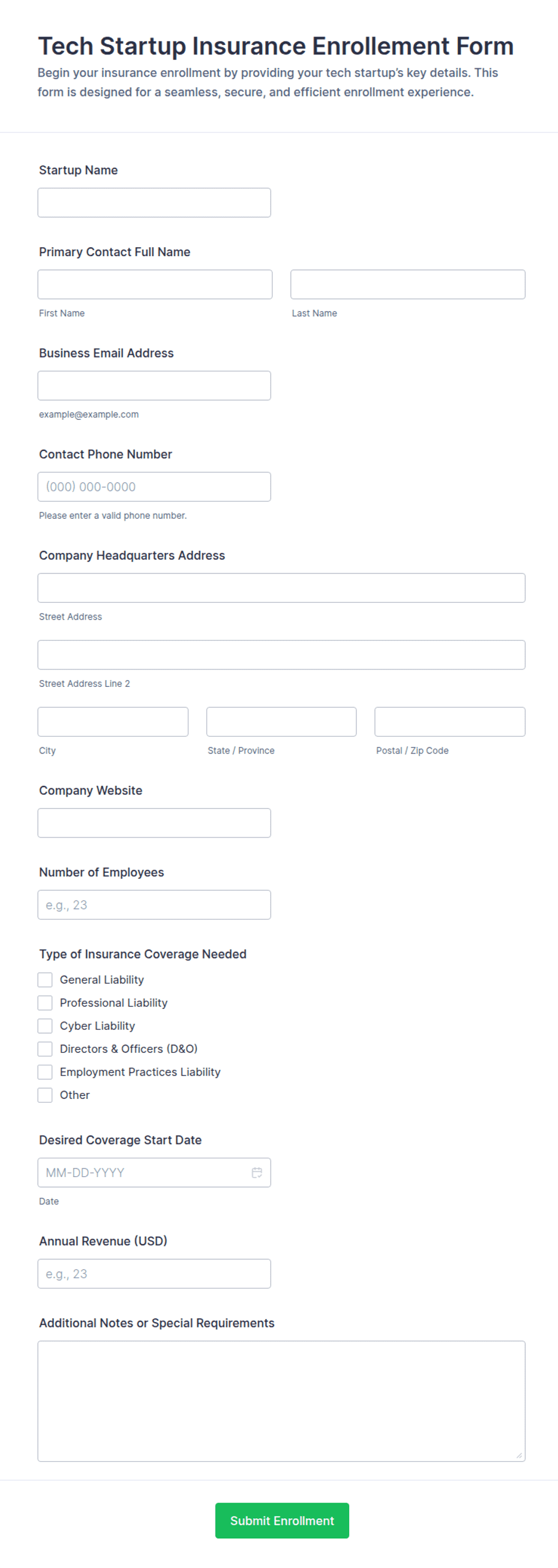 Tech Startup Insurance Enrolment Form Template | Jotform