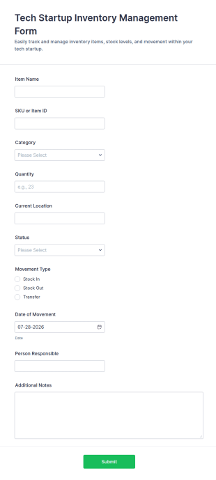 Tech Startup Inventory Management Form Template