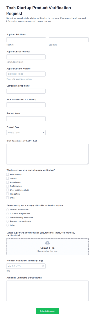 Tech Startup Product Verification Request Form Template