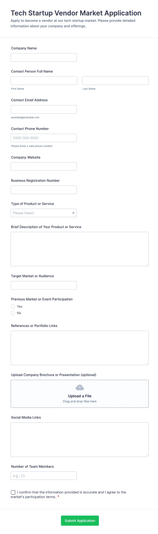 Tech Startup Vendor Market Application Form Template