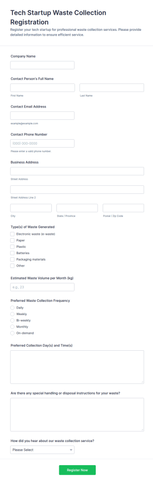 Tech Startup Waste Collection Registration Form Template
