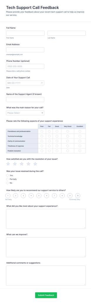 Tech Support Call Feedback Form Template