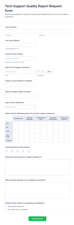 Tech Support Quality Report Request Form Template