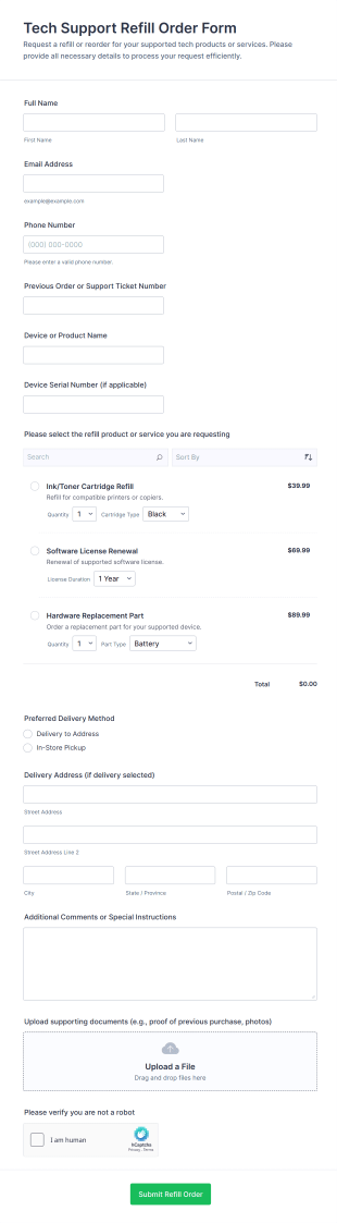 Tech Support Refill Order Form Template