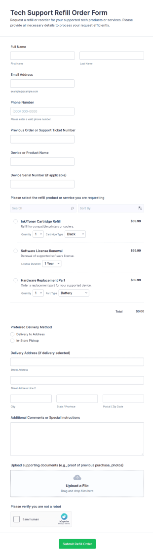 Tech Support Refill Order Form Template