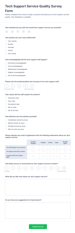 Tech Support Service Quality Survey Form Template