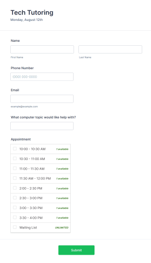 Tech Tutoring Session Signup Form Template