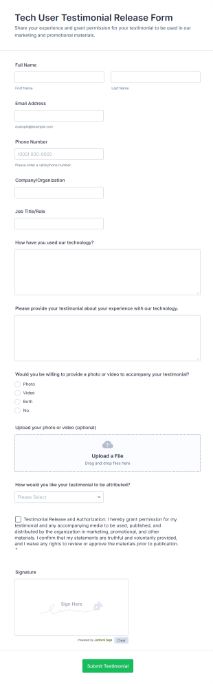 Tech User Testimonial Release Form Template