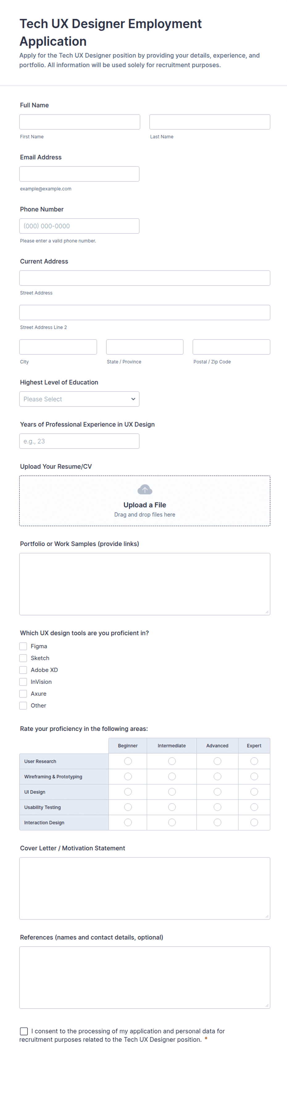 Tech UX Designer Employment Application Form Template | Jotform