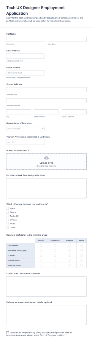 Tech UX Designer Employment Application Form Template