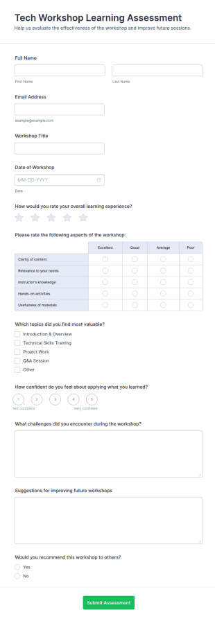 Tech Workshop Learning Assessment Form Template