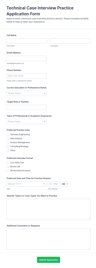 Technical Case Interview Practice Application Form Template