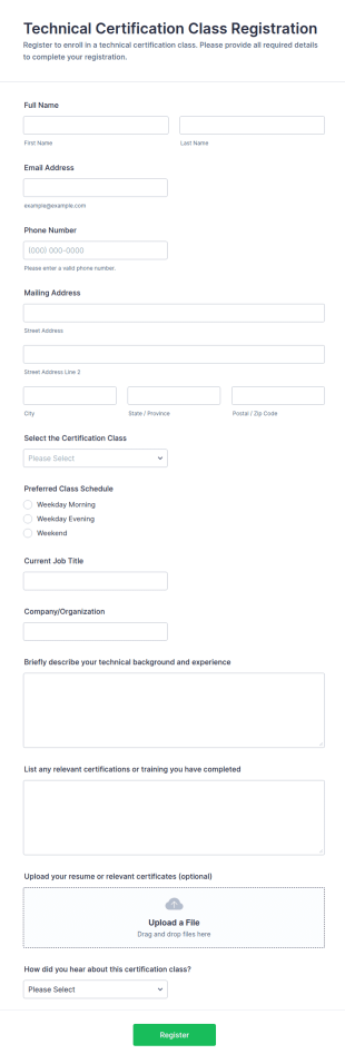 Technical Certification Class Registration Form Template