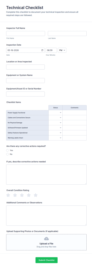 Technical Checklist Form Template