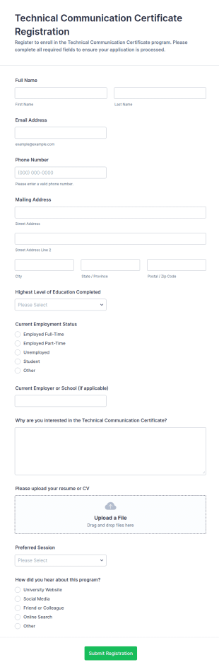 Technical Communication Certificate Registration Form Template