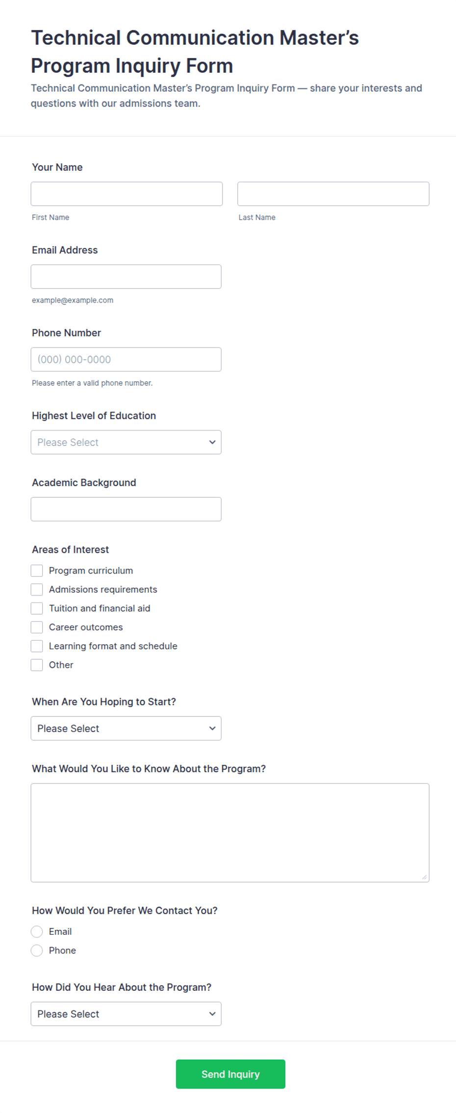 Temple File For Inquiry Technical Communication Master’s Program Inquiry Form Template | Jotform