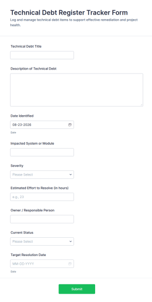 Technical Debt Register Form Template