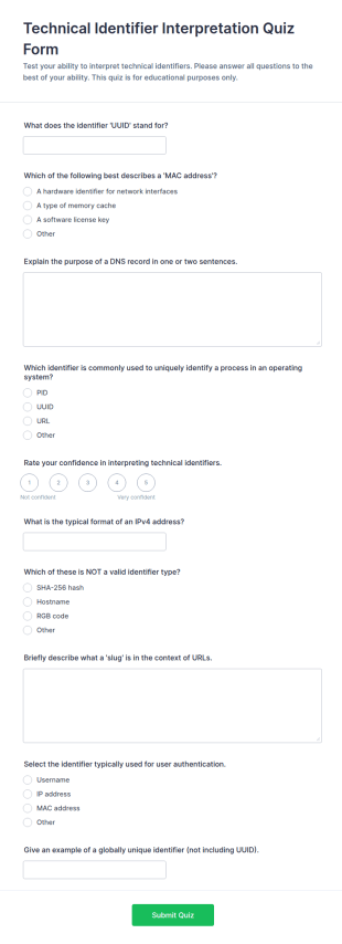 Technical Identifier Interpretation Quiz Form Template
