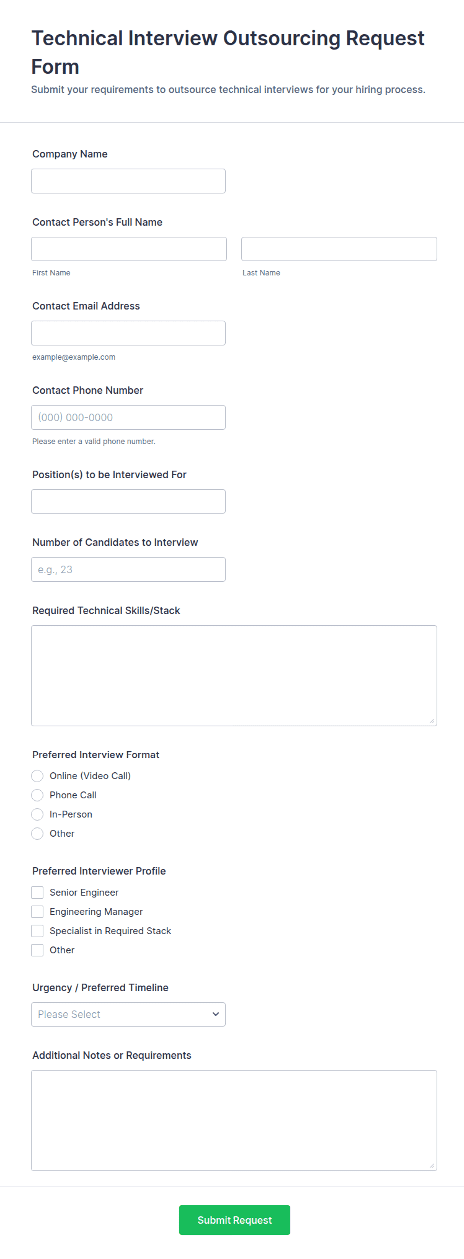 Technical Interview Outsourcing Request Form Template | Jotform