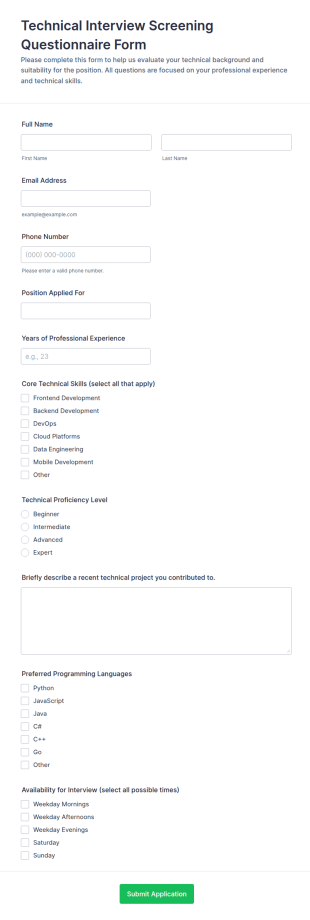 Technical Interview Screening Questionnaire Form Template