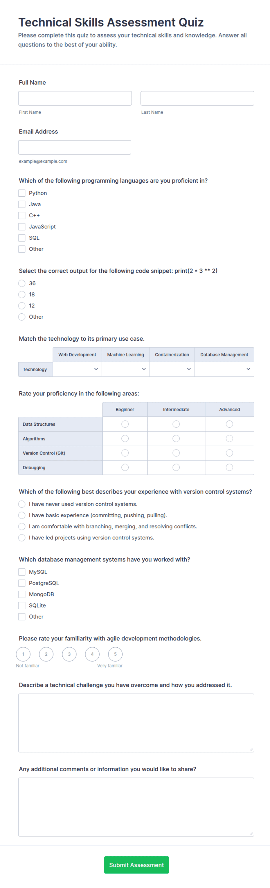 Technical Skills Assessment Quiz Form Template | Jotform