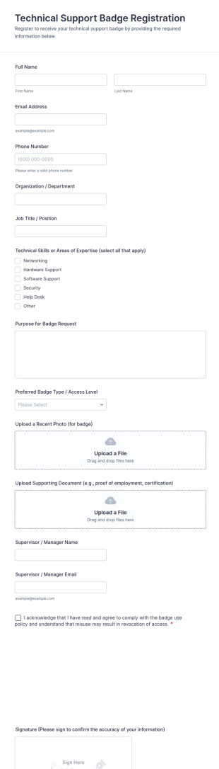 Technical Support Badge Registration Form Template