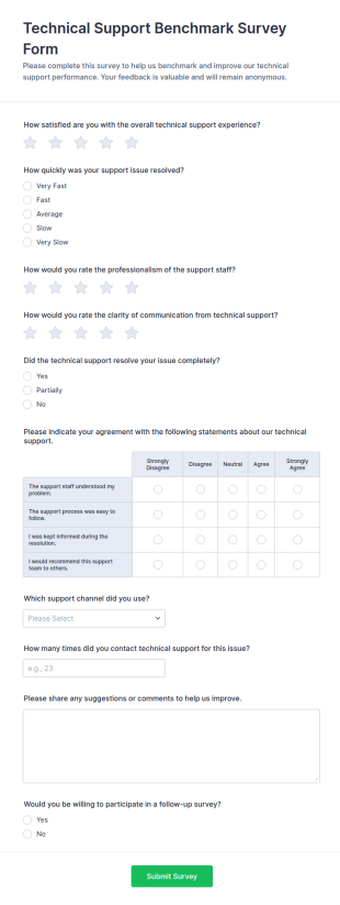 Technical Support Benchmark Survey Form Template