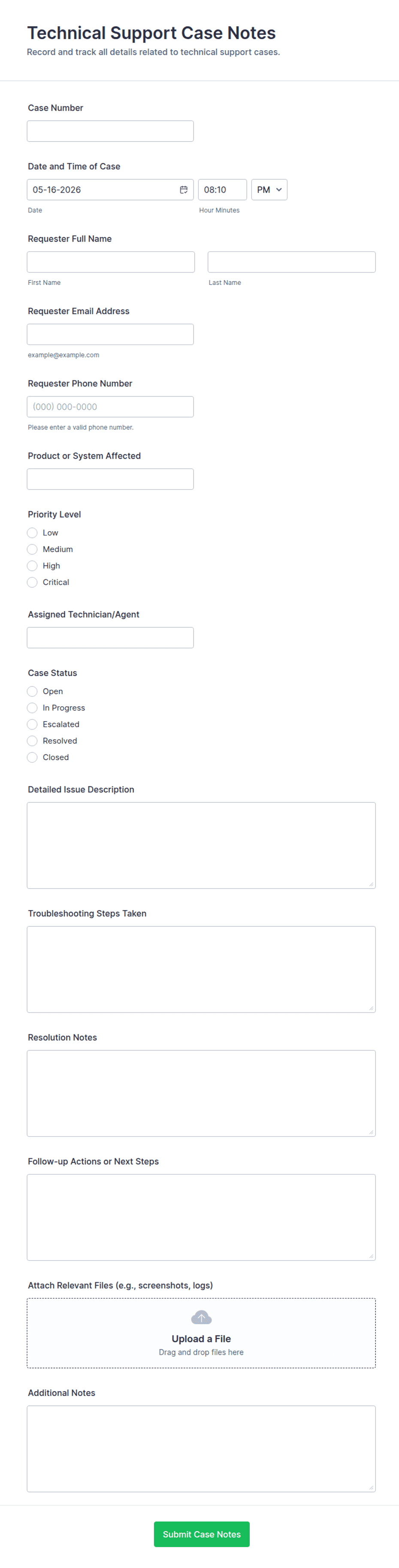 Technical Support Case Notes Form Template | Jotform