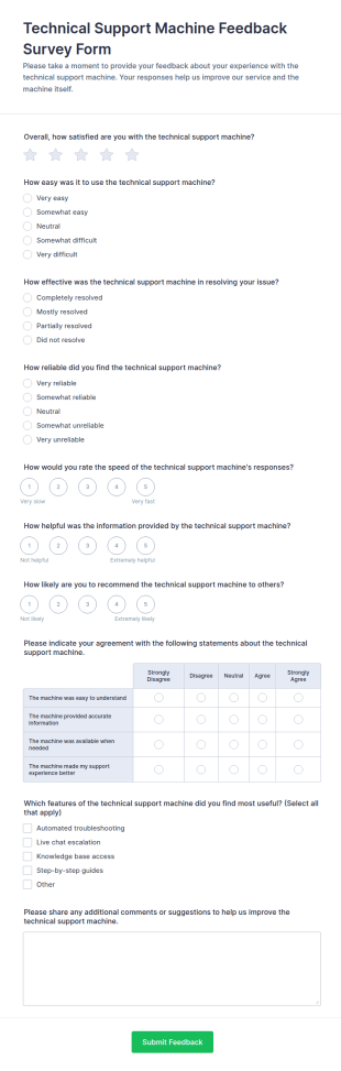 Technical Support Machine Feedback Form Template
