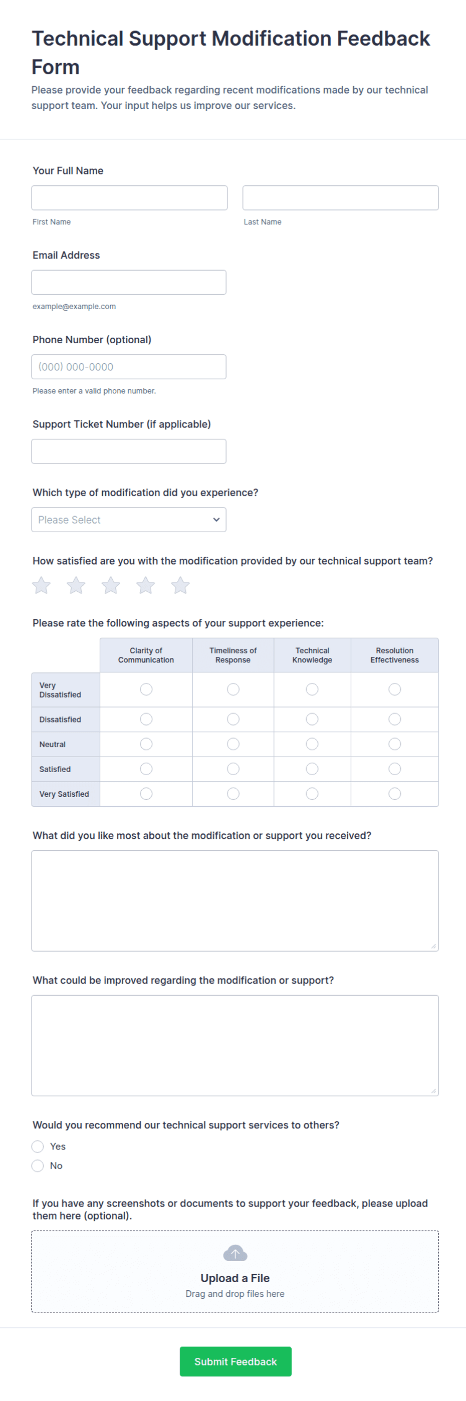 Machine Modification Form Technical Support Modification Feedback Form Template | Jotform