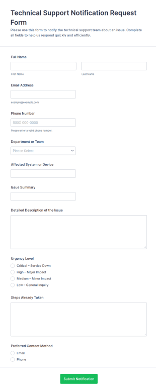 Technical Support Notification Request Form Template