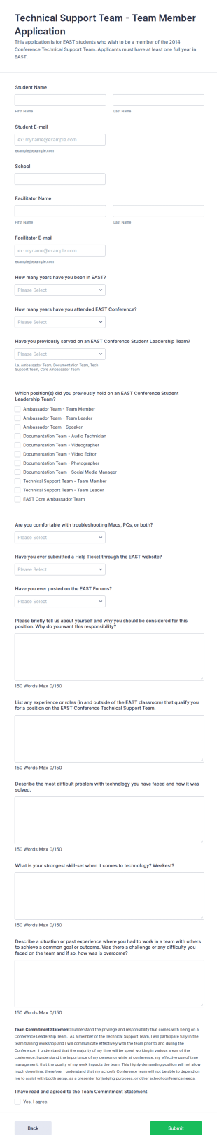 Technical Support Team Application Form Template