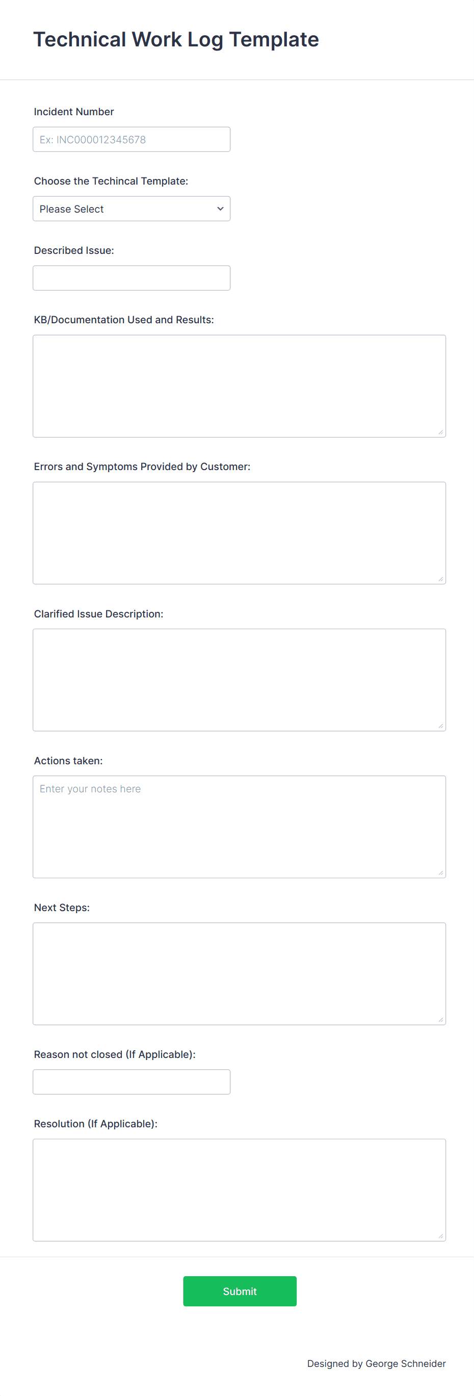 Technical Work Log Template Form Template | Jotform