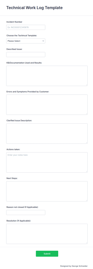 Technical Work Log Form Template