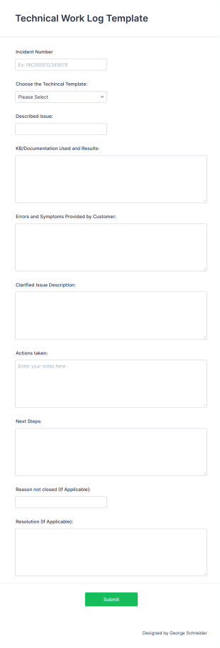 Technical Work Log Form Template