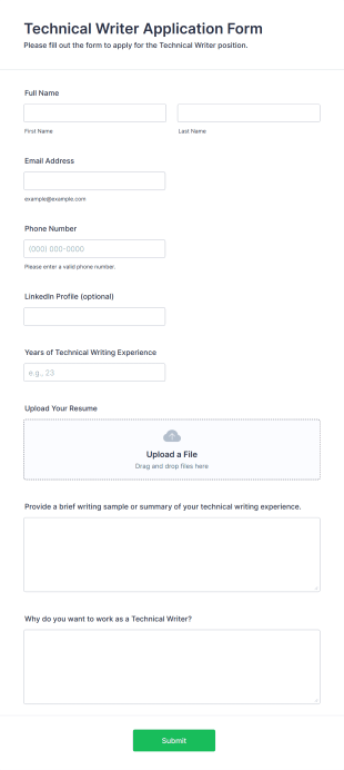 Technical Writer Application Form Form Template