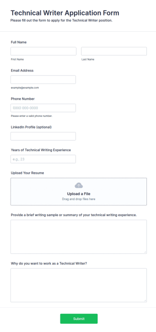 Technical Writer Application Form Template