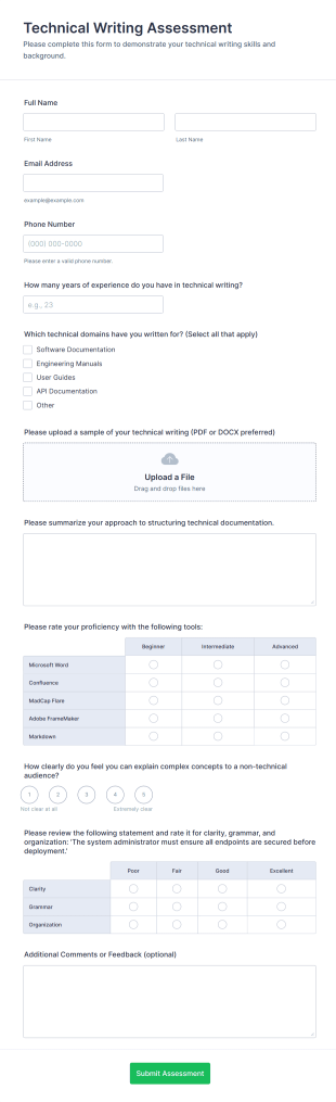 Technical Writing Assessment Form Template