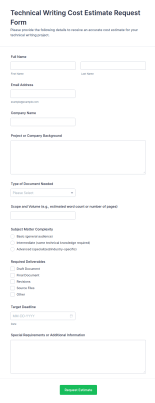 Technical Writing Cost Estimate Request Form Template