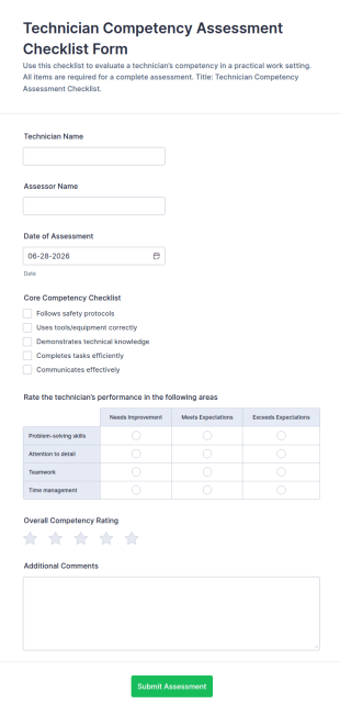 Technician Competency Assessment Form Template