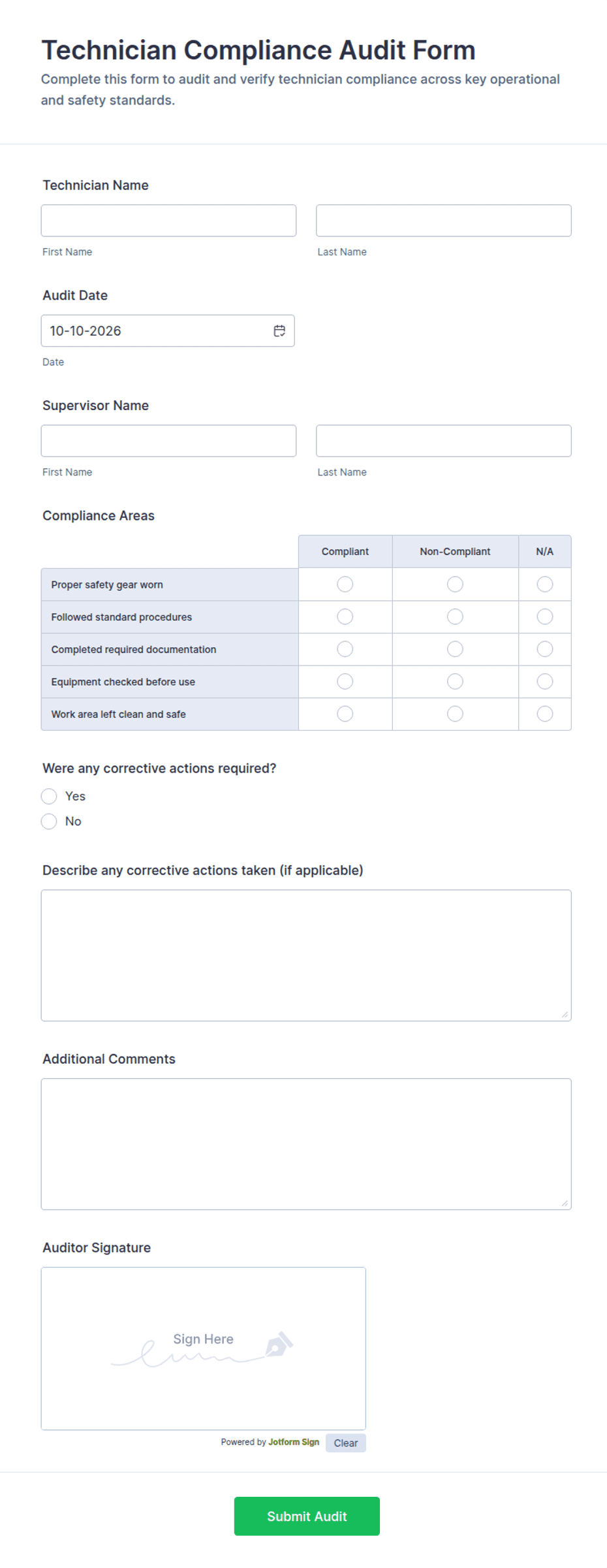 Technician Compliance Audit Form Template | Jotform