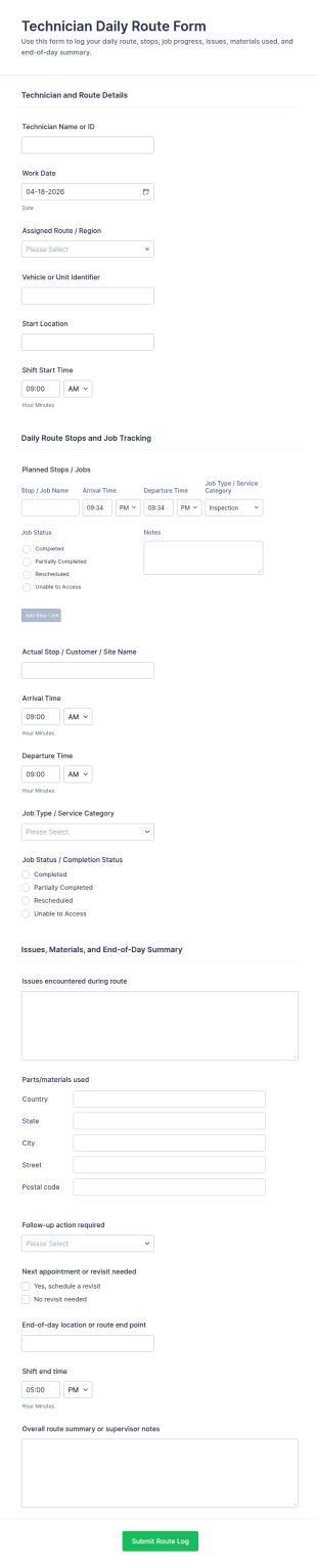 Technician Daily Route Form Template