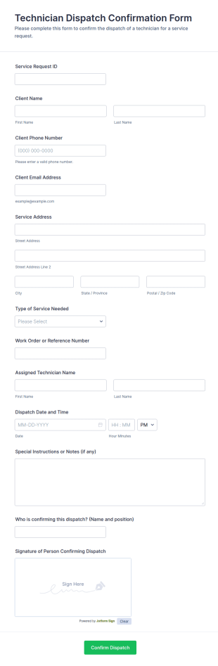 Technician Dispatch Confirmation Form Template