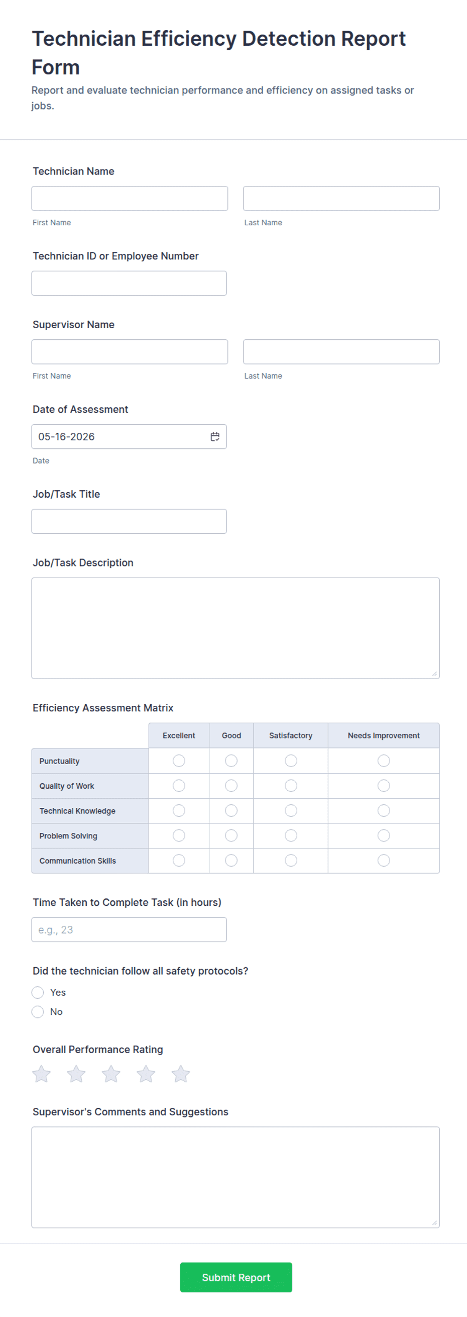 Performance Efficiency Testing Form Technician Efficiency Detection Report Form Template | Jotform