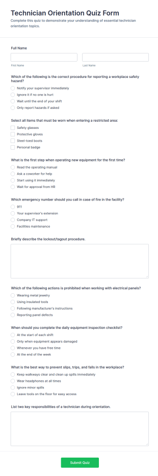 Technician Orientation Quiz Form Template