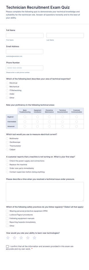 Technician Recruitment Exam Quiz Form Template