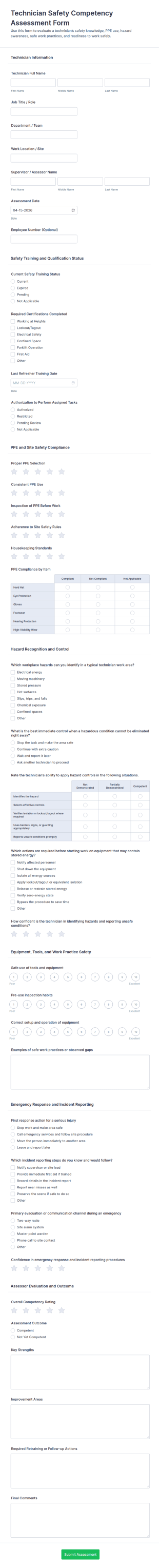 Technician Safety Competency Assessment Form Template